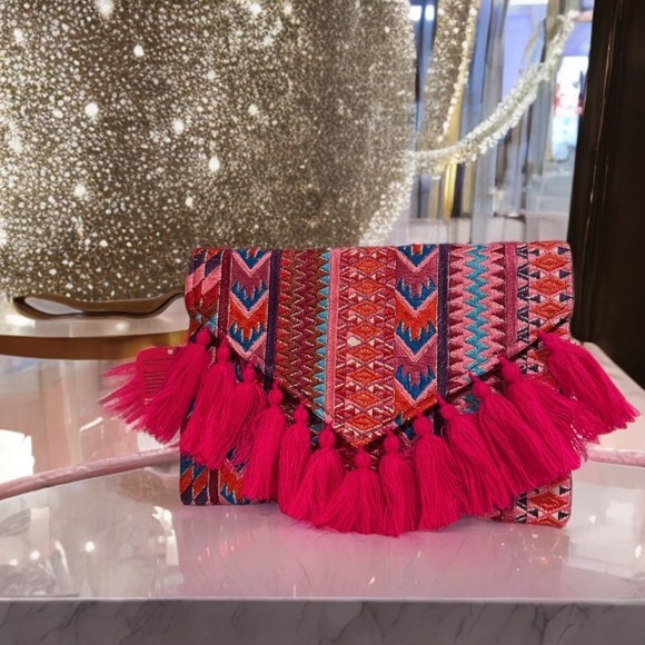 Ethnic Boho Large Clutch Suede Wristlet Bag Handmade Embroidery Tassels Indi NEW - Picture 1 of 16